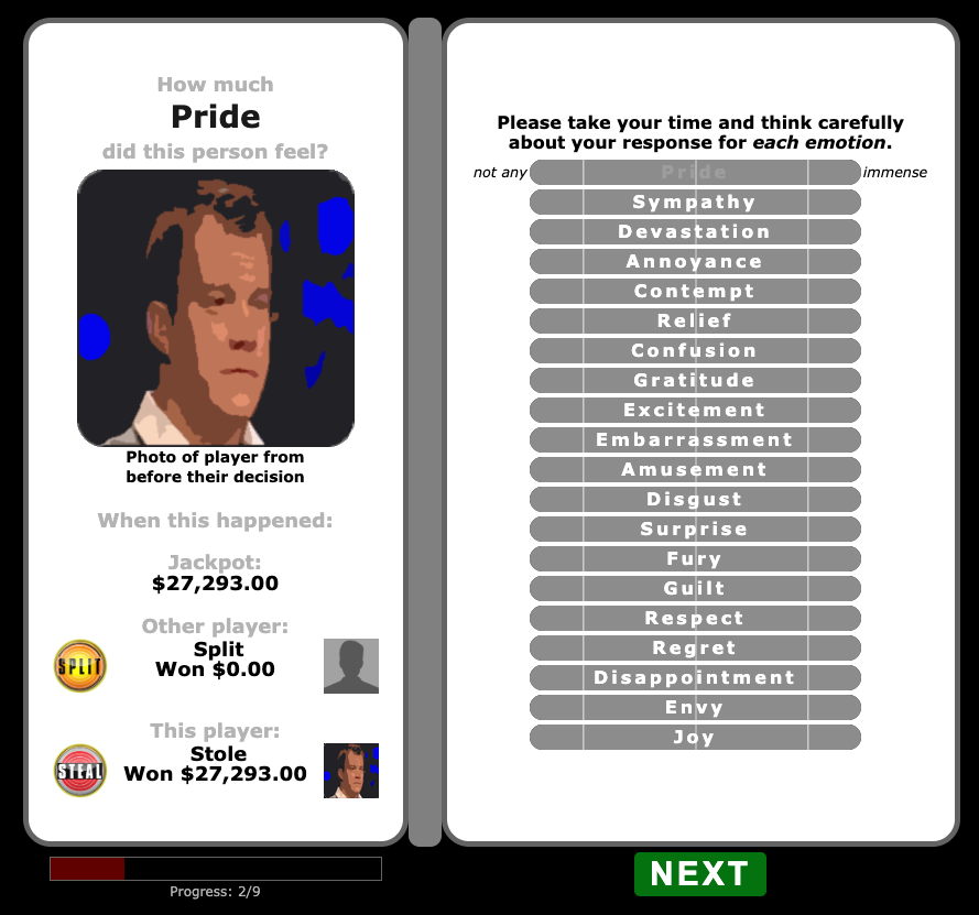 Screenshot 2 of the emotion-prediction experiment interface shown to observers.